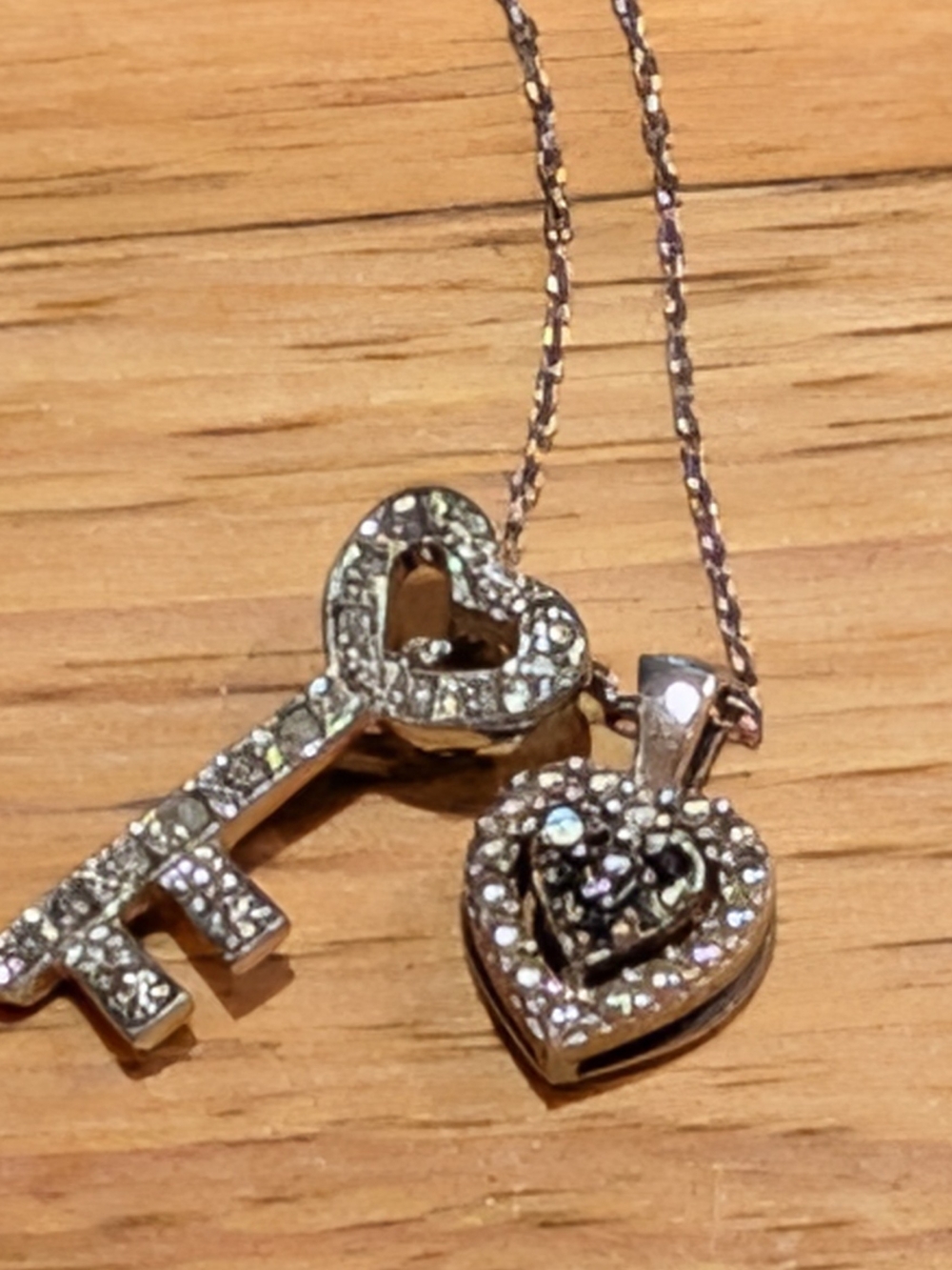 925 Sterling Silver Heart Key Pendant Necklace with Clear Crystals.